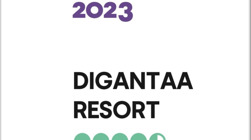 The prestigious Tripadvisor Travellers Choice 2023 award, proudly displayed alongside the name Digantaa Resort and a glowing five-star rating, a testament to the exceptional guest experience offered - Digantaa Resort in Mukteshwar