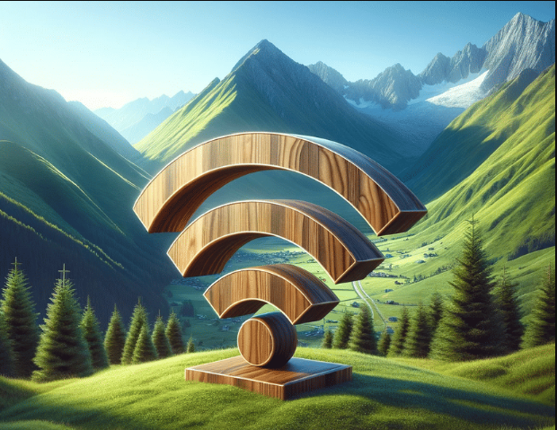 A large, stylised wooden WiFi symbol stands prominently in a vibrant green valley, surrounded by majestic mountains under a clear blue sky, suggesting strong connectivity in a remote location